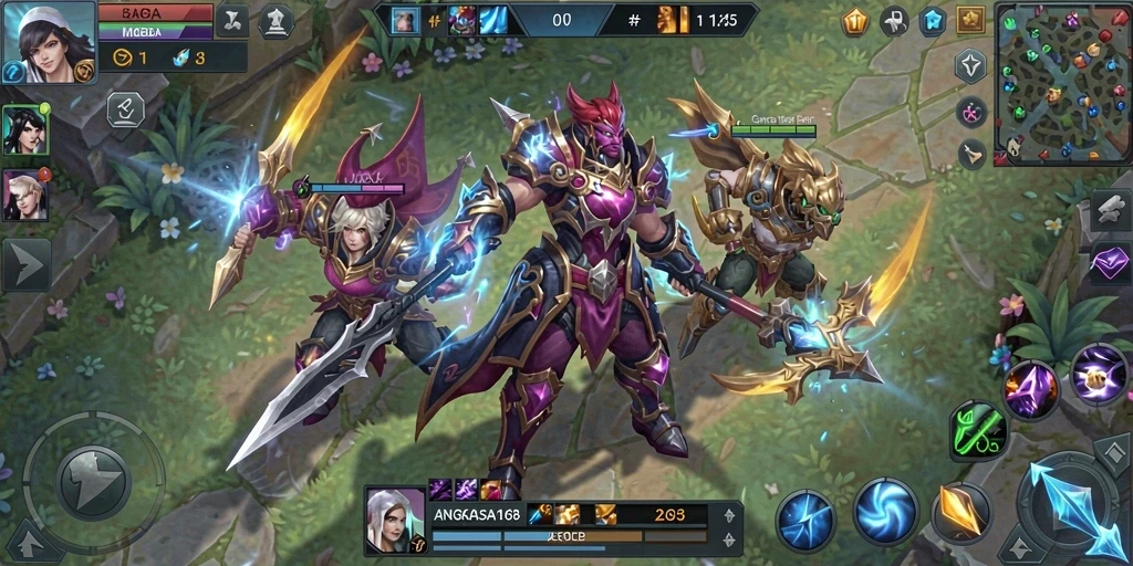 Screenshot gameplay ANGKASA168 yang menunjukkan aksi seru di arena MOBA.