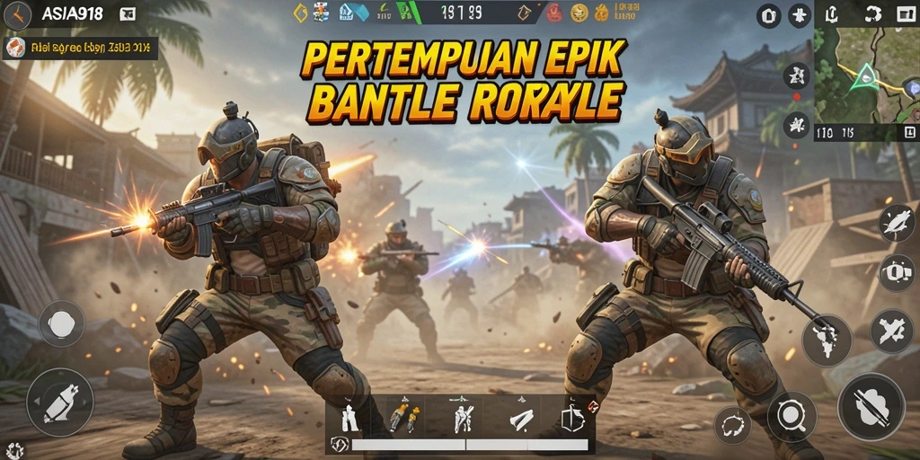 Screenshot utama gameplay ASIA918 menampilkan pertempuran seru di arena Battle Royale.
