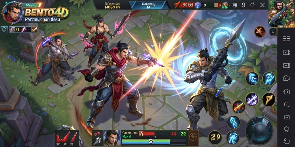 Screenshot BENTO4D menunjukkan pertarungan MOBA yang intens.