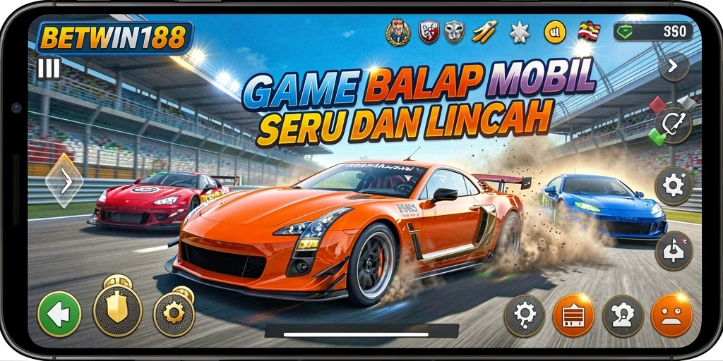 Tampilan gameplay seru BETWIN188 saat balapan mobil.