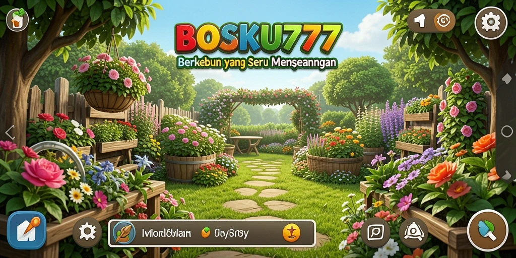 Screenshot gameplay menampilkan kebun penuh warna di BOSKU777.