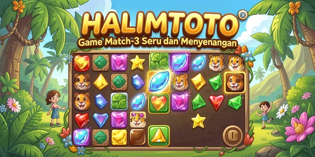 Tampilan gameplay HALIMTOTO dengan papan permainan Match-3 yang cerah.