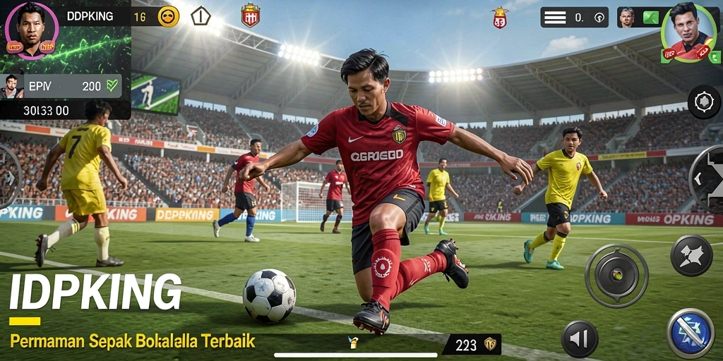 Tampilan gameplay menarik dari IDPKING dengan aksi sepak bola intens.