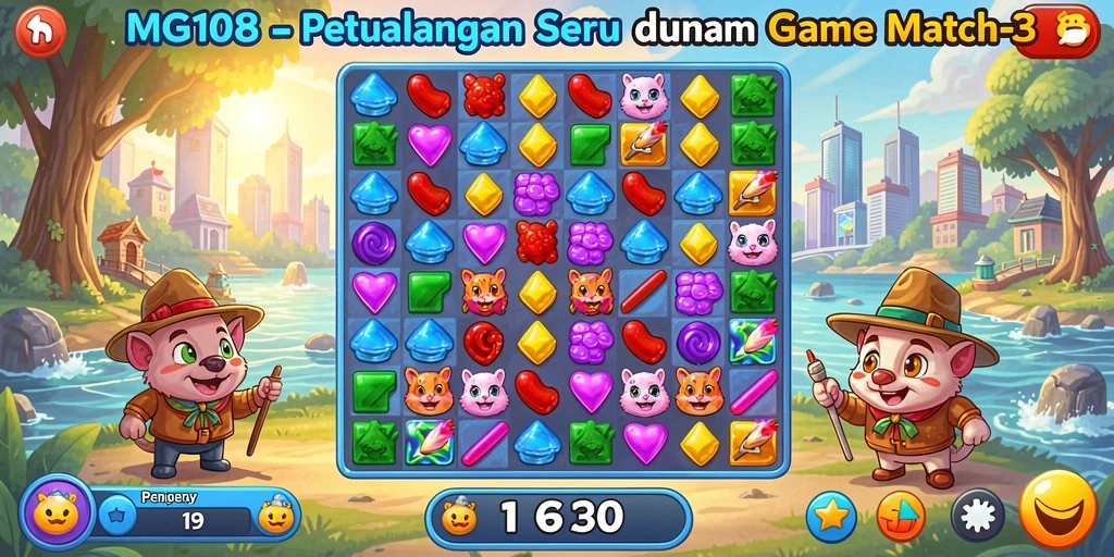 Tangkapan layar utama MG108 menampilkan aksi permainan Match-3 yang mendebarkan.