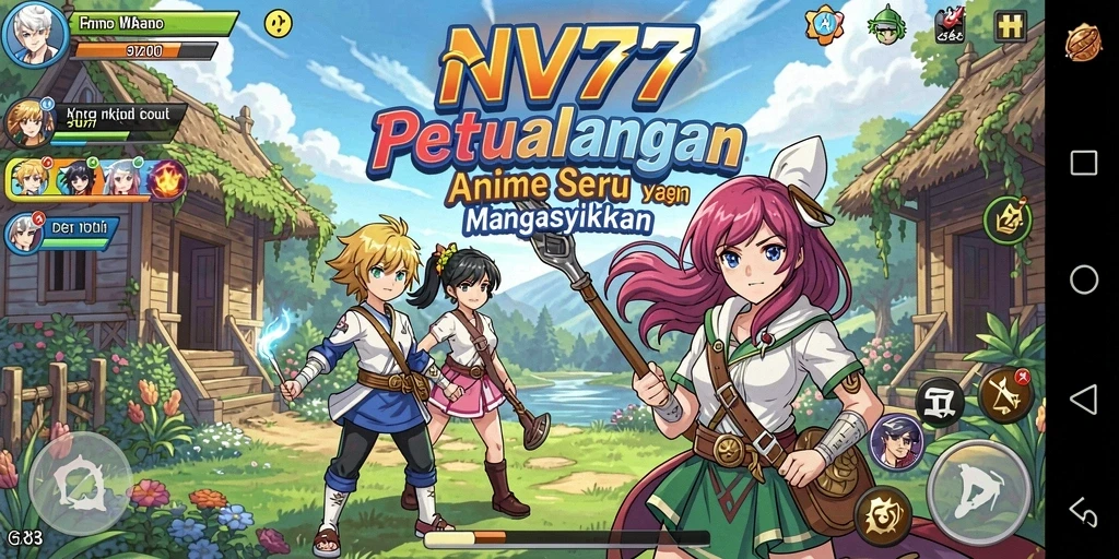 Screenshot gameplay NV77, menampilkan karakter Anime dalam pertarungan epik.