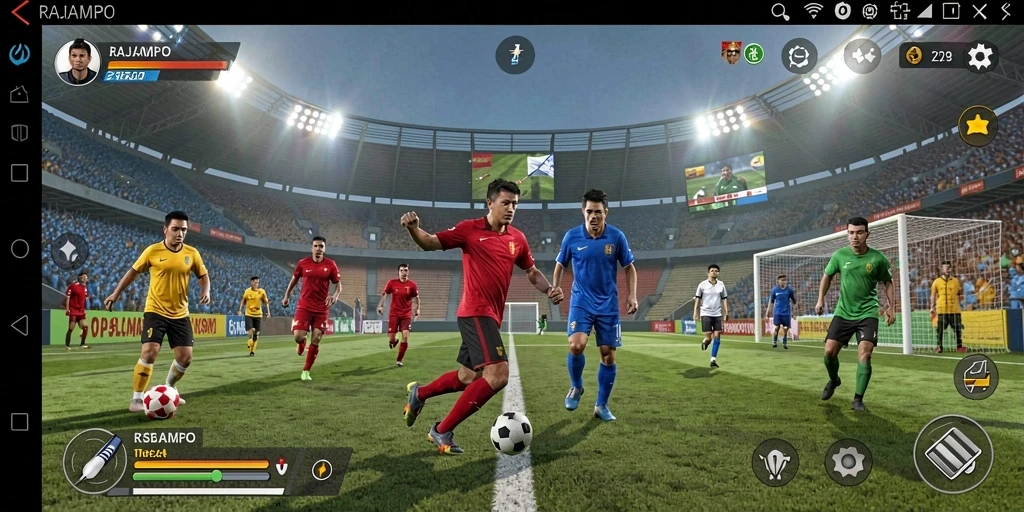 Tangkapan layar dari gameplay seru RAJAMPO yang menampilkan aksi sepak bola.