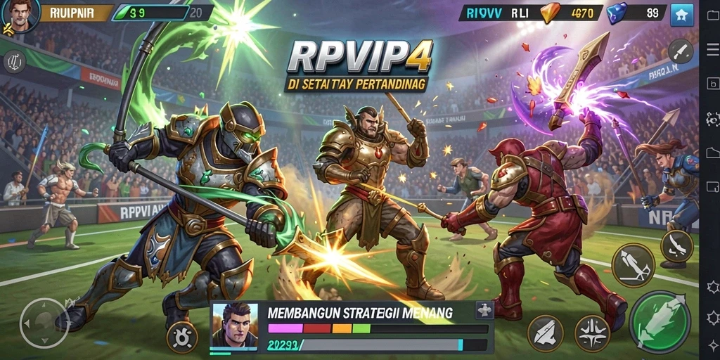 Screenshot gameplay RPVIP4 menampilkan pertempuran strategi yang menegangkan.