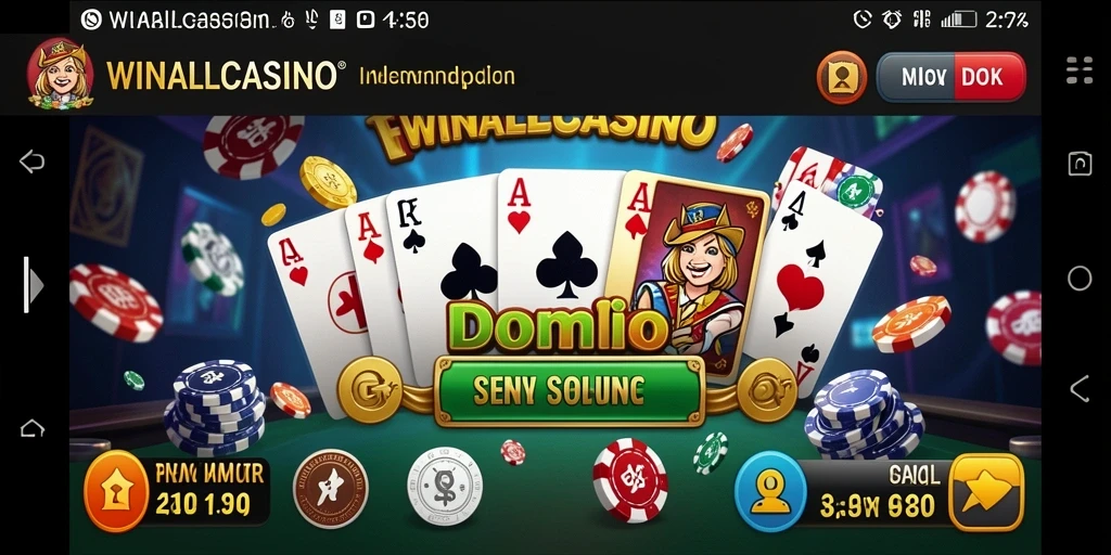 Screenshot gameplay <strong>WINALLCASINO</strong> menampilkan suasana bermain domino yang menggembirakan.