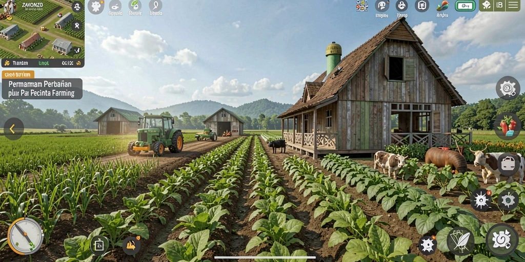 Screenshot gameplay ZAVONZO menampilkan ladang yang subur dan tanaman yang beragam.